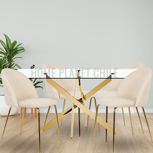 Comedor Emiratos Gold rectangular 140x80 cm con 4 Sillas Breda Gold Velvet