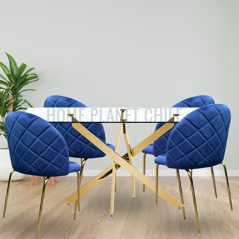 Comedor Emiratos Gold rectangular 140x80 cm con 4 Sillas Breda Gold Velvet 3