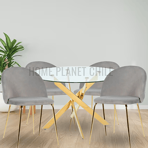 Comedor Gold redondo vidrio 80 cm con 4 Sillas Breda Gold Velvet