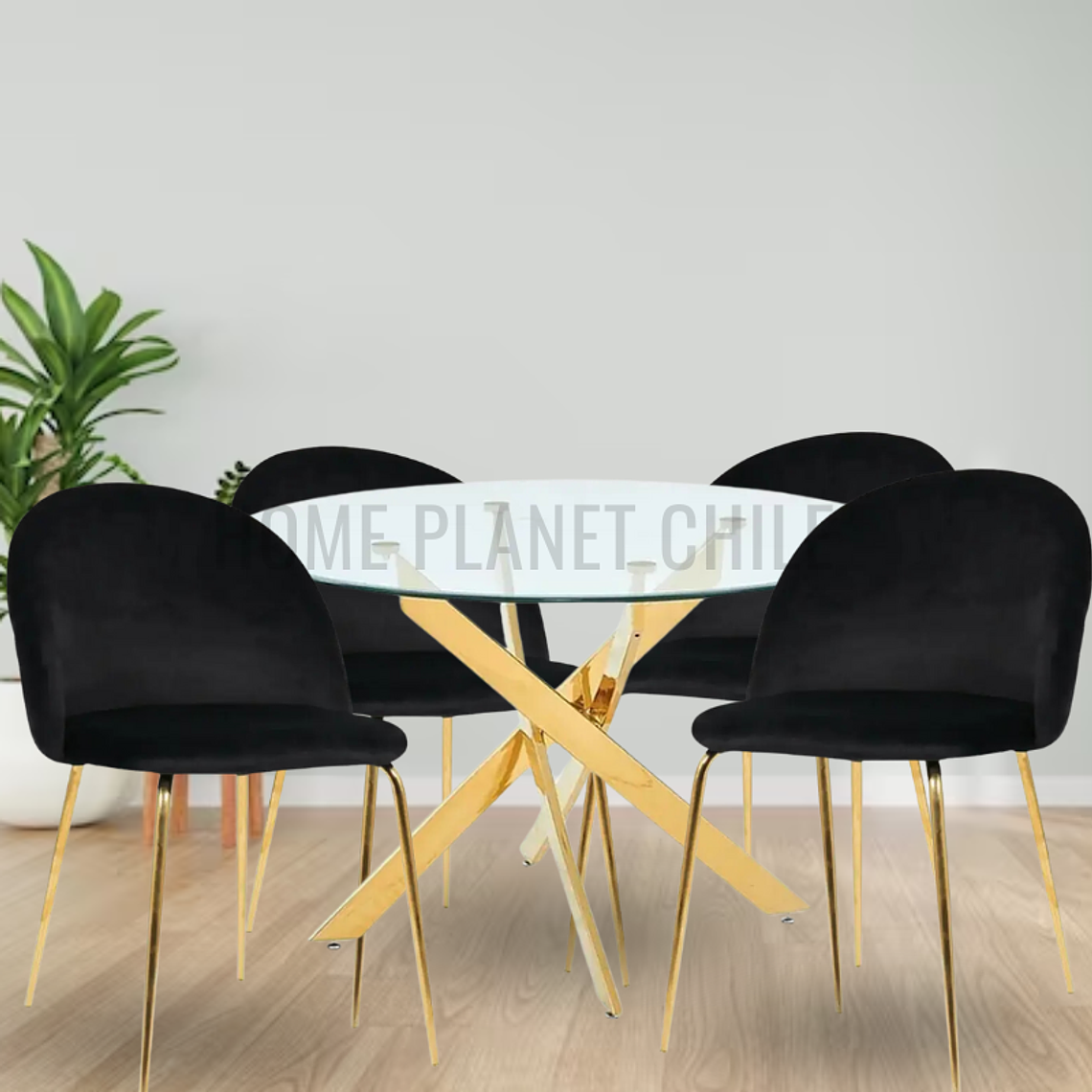 Comedor Gold redondo vidrio 80 cm con 4 Sillas Breda Gold Velvet 6