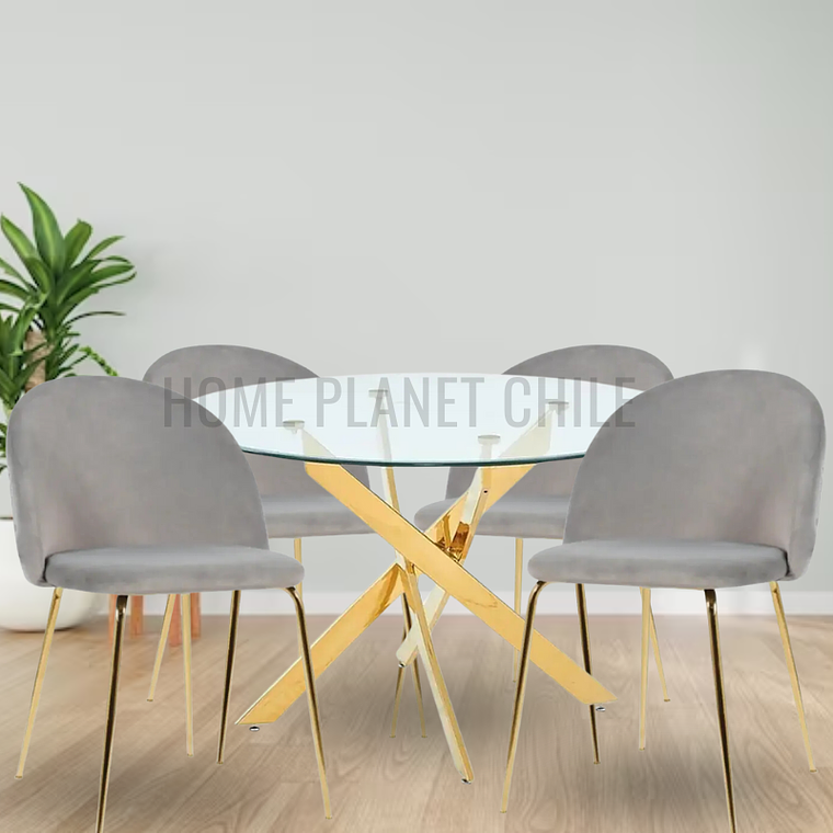 Comedor Gold redondo vidrio 100 cm con 4 Sillas Breda Gold Velvet 3