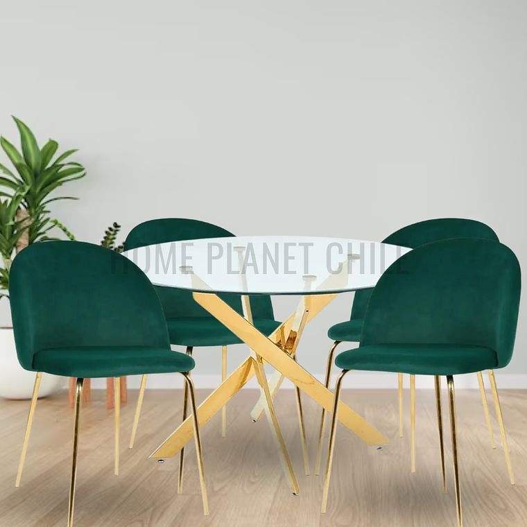 Comedor Gold redondo vidrio 100 cm con 4 Sillas Breda Gold Velvet 2