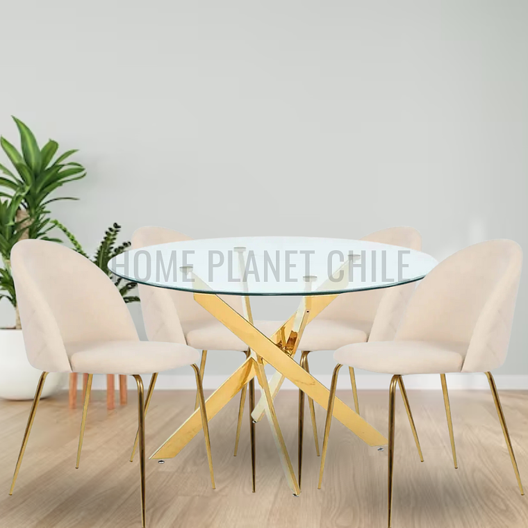 Comedor Gold redondo vidrio 120 cm con 4 Sillas Breda Gold Velvet 4