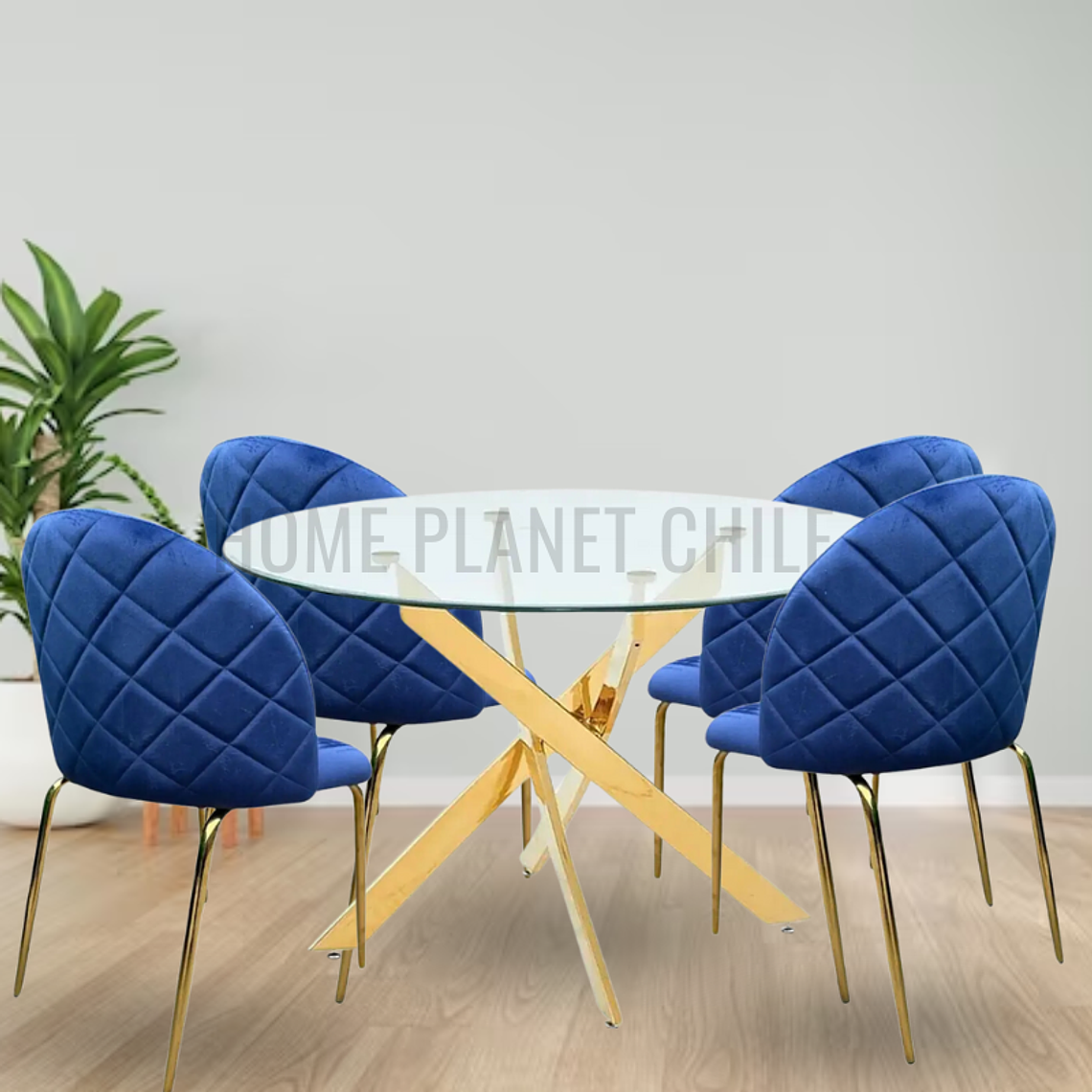 Comedor Gold redondo vidrio 120 cm con 4 Sillas Breda Gold Velvet 5