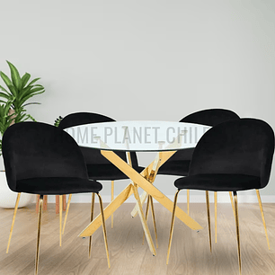 Comedor Gold redondo vidrio 120 cm con 4 Sillas Breda Gold Velvet