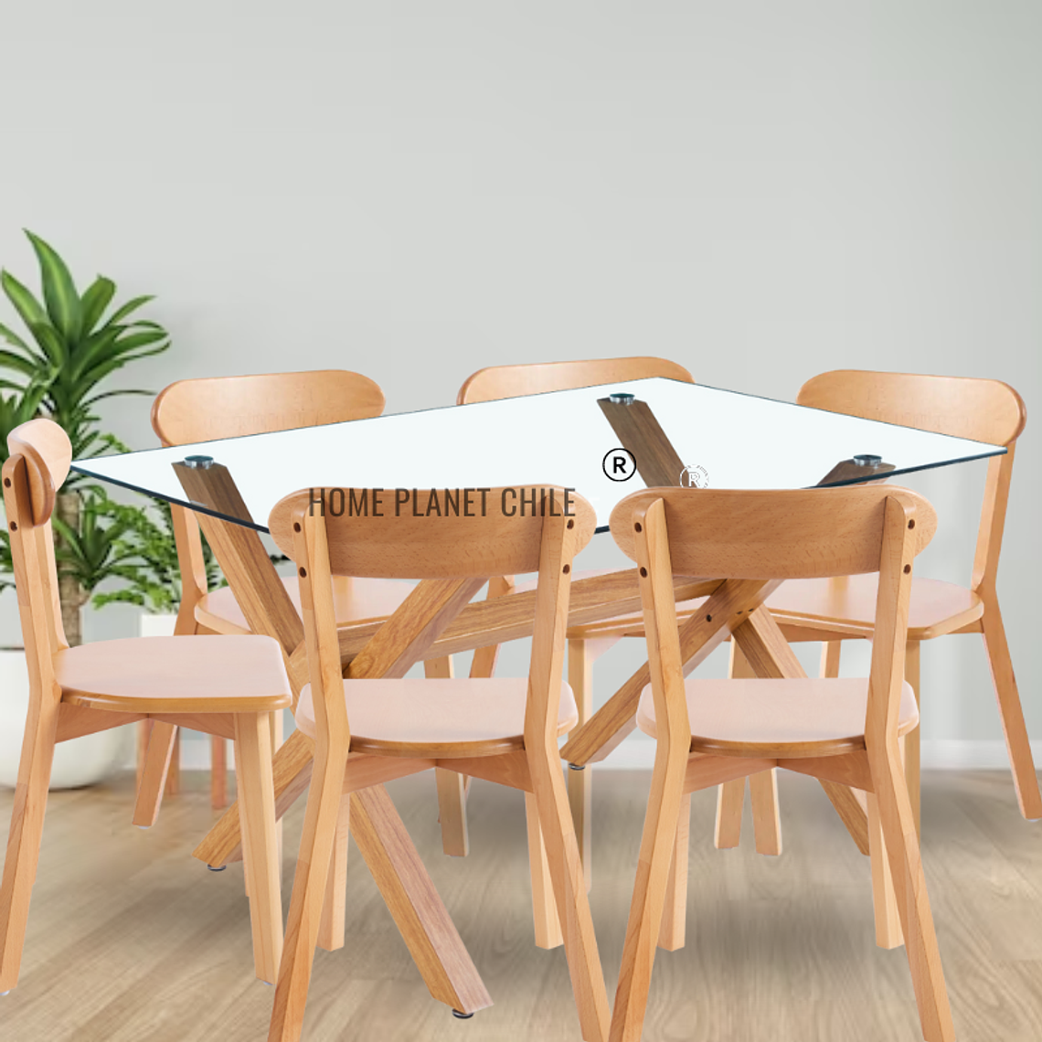 Comedor Chester rectangular vidrio 130x80 cm con 6 Sillas Fresno de Madera 2