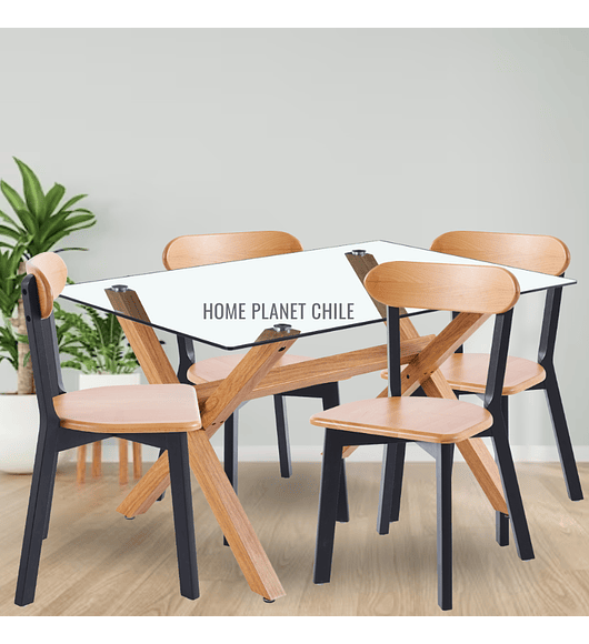 Comedor Chester rectangular vidrio 130x80 cm con 4 Sillas Fresno de Madera