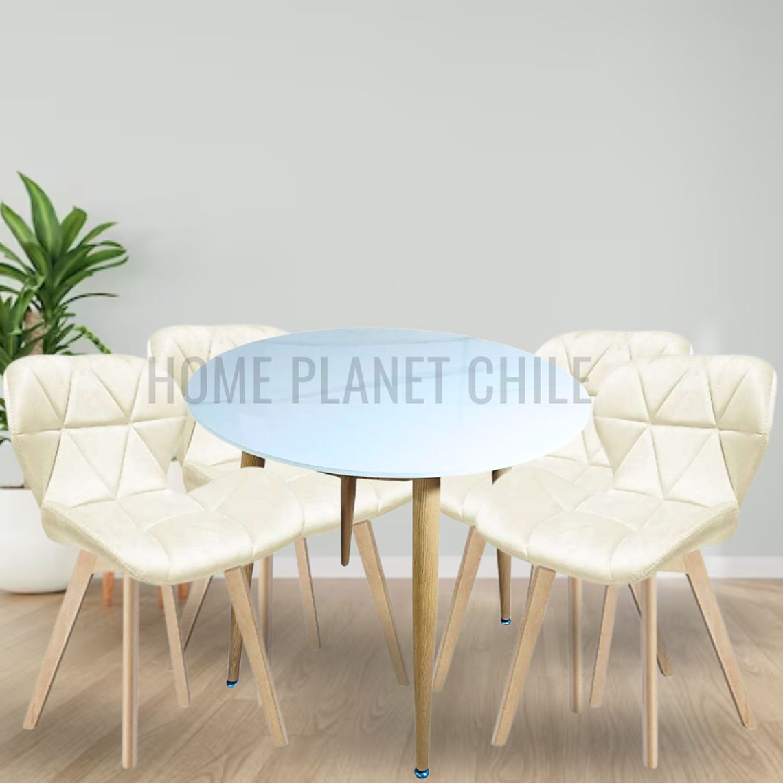 Comedor Mármol redondo 100 cm con 4 Sillas Mariposas Rubik Wood Velvet 2