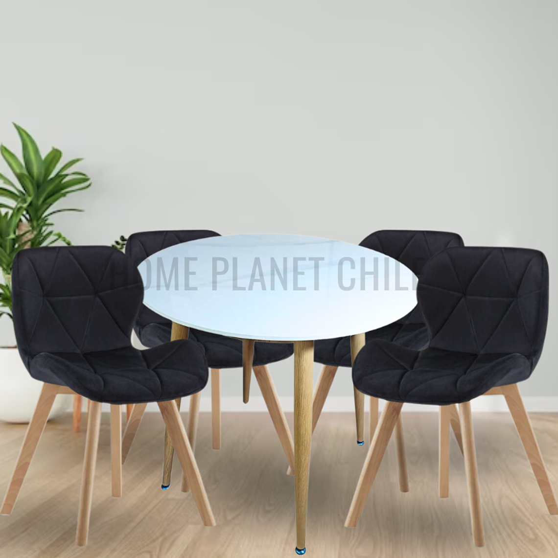 Comedor Mármol redondo 100 cm con 4 Sillas Mariposas Rubik Wood Velvet 3