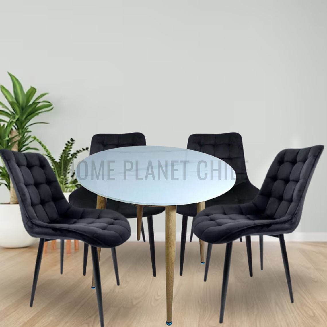Comedor Mármol redondo 100 cm con 4 Sillas Capitone Black 2