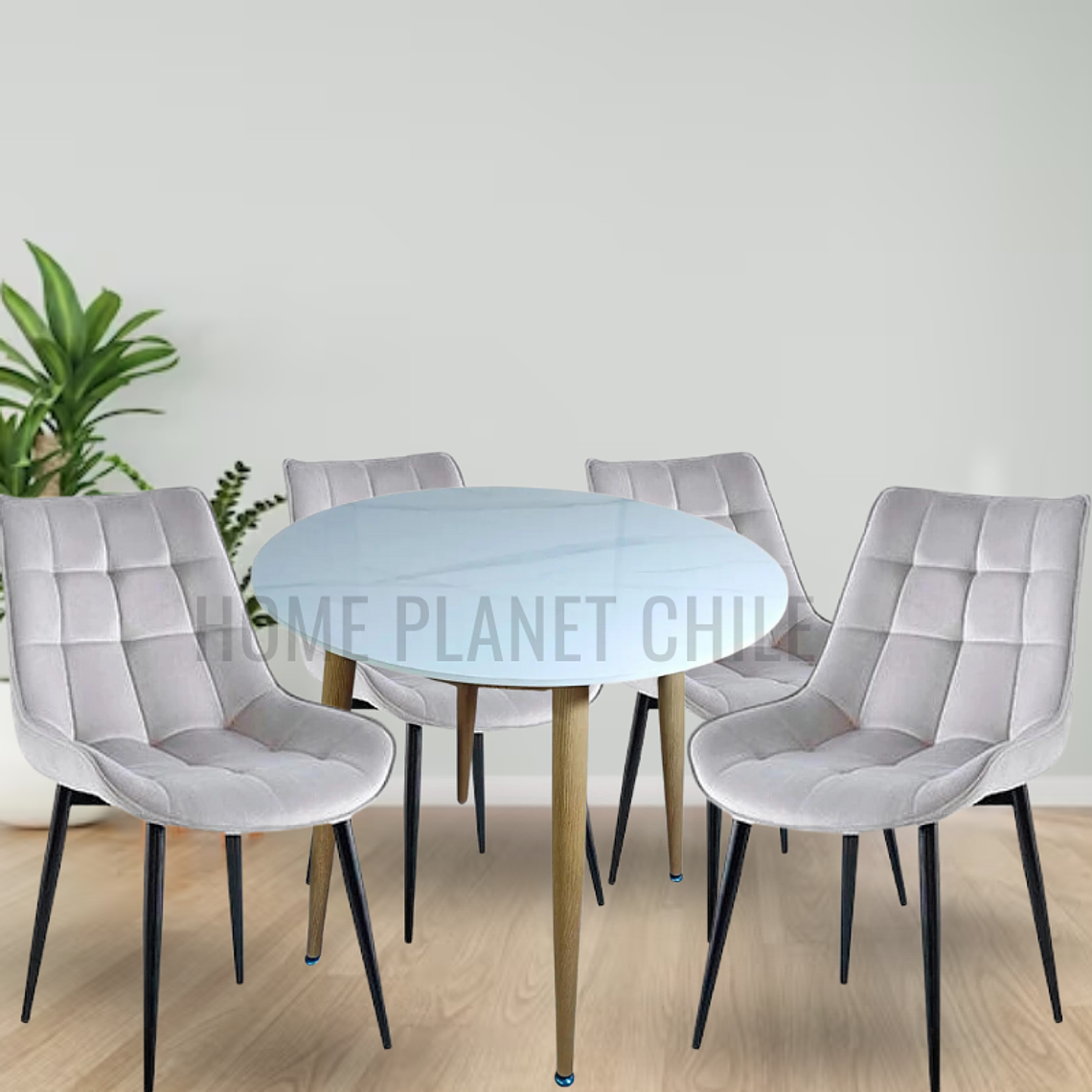 Comedor Mármol redondo 100 cm con 4 Sillas Capitone Black 3