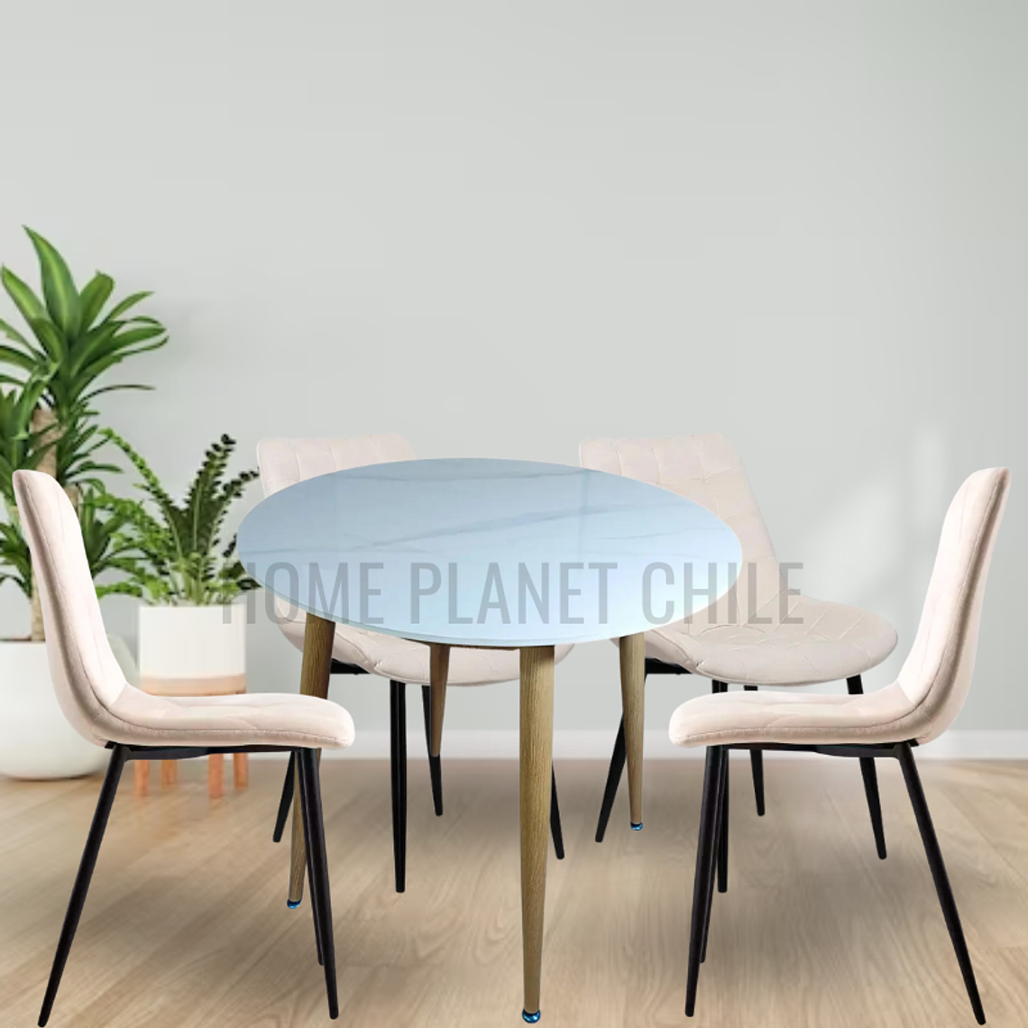 Comedor Mármol redondo 100 cm con 4 Sillas Capitone Black 1