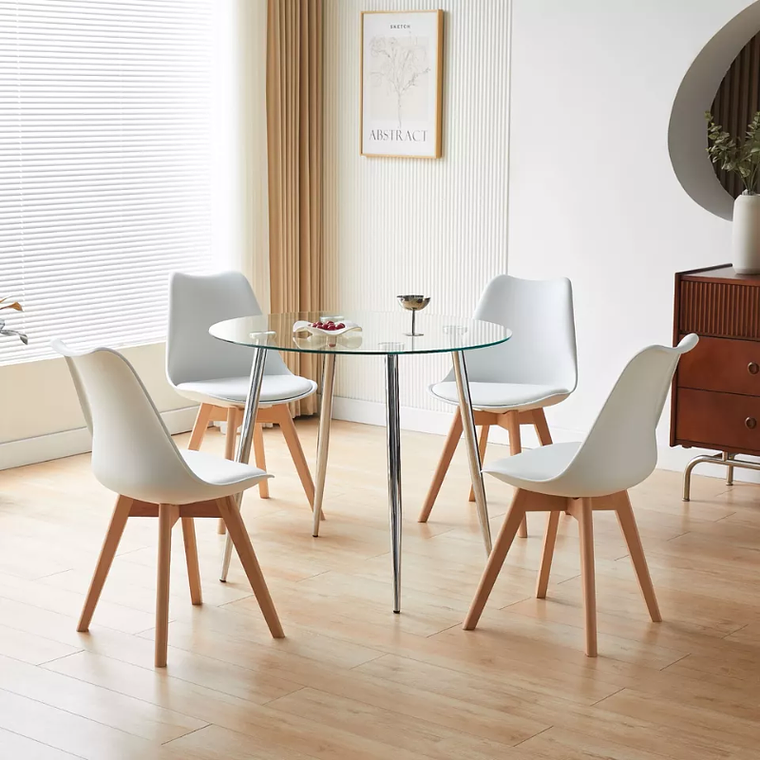 Comedor Silver redondo vidrio 80 cm con 4 sillas tulip 1