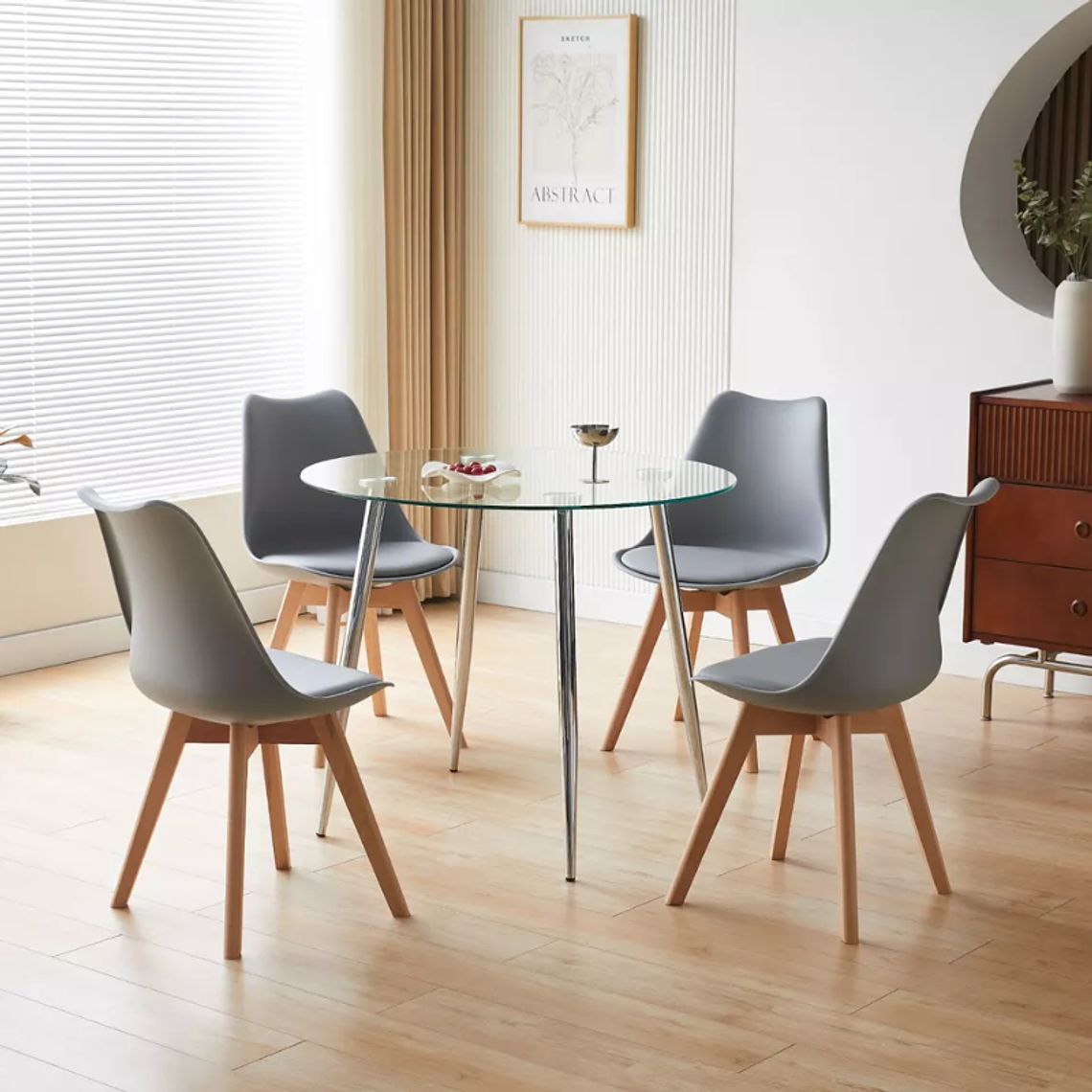 Comedor Silver redondo vidrio 120 cm con 4 sillas tulip 1