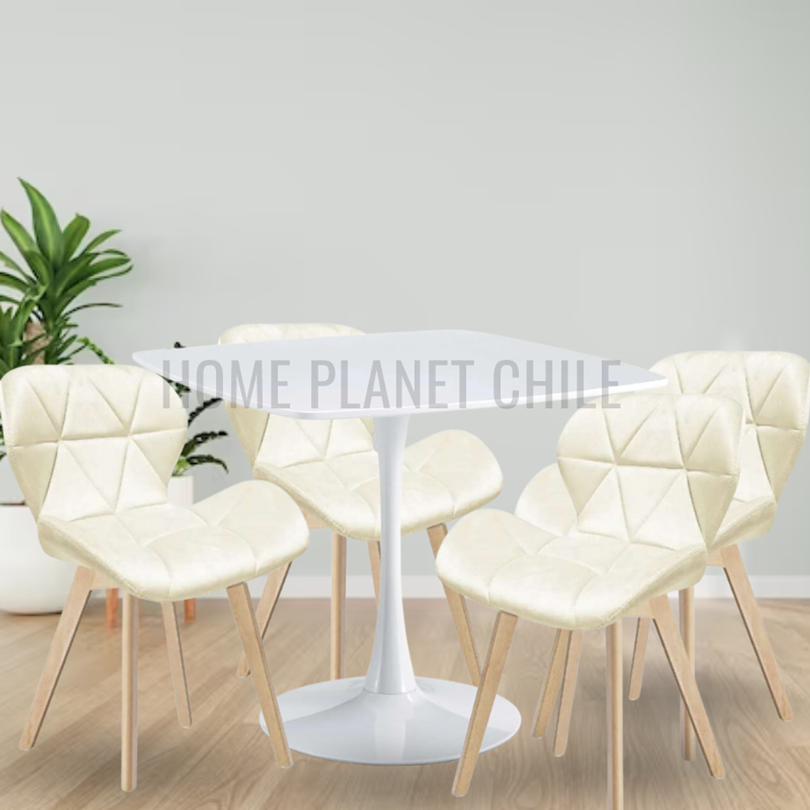 Comedor Toledo blanco cuadrado 90x90 cm con 4 Sillas Mariposas Rubik Wood Velvet 1
