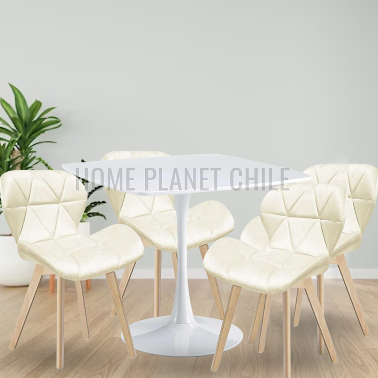 Comedor Toledo blanco cuadrado 90x90 cm con 4 Sillas Mariposas Rubik Wood Velvet 1