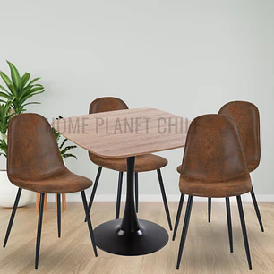 Comedor Granada madera cuadrado 70x70 cm con 4 Sillas Spoon Ecocuero vintage café oscuro