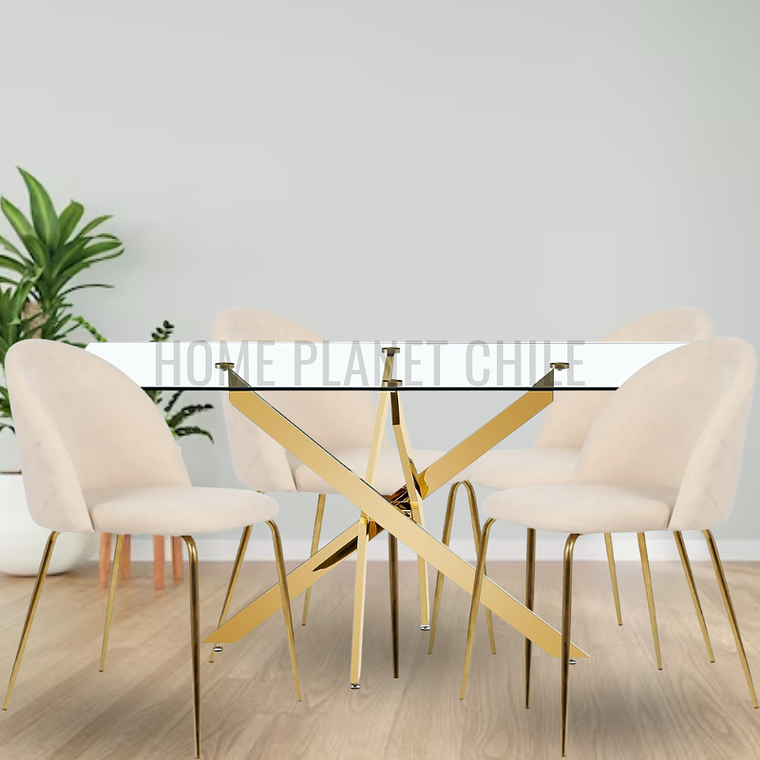 Comedor Emiratos Gold rectangular 120x80 cm con 4 Sillas Breda Gold Velvet 2