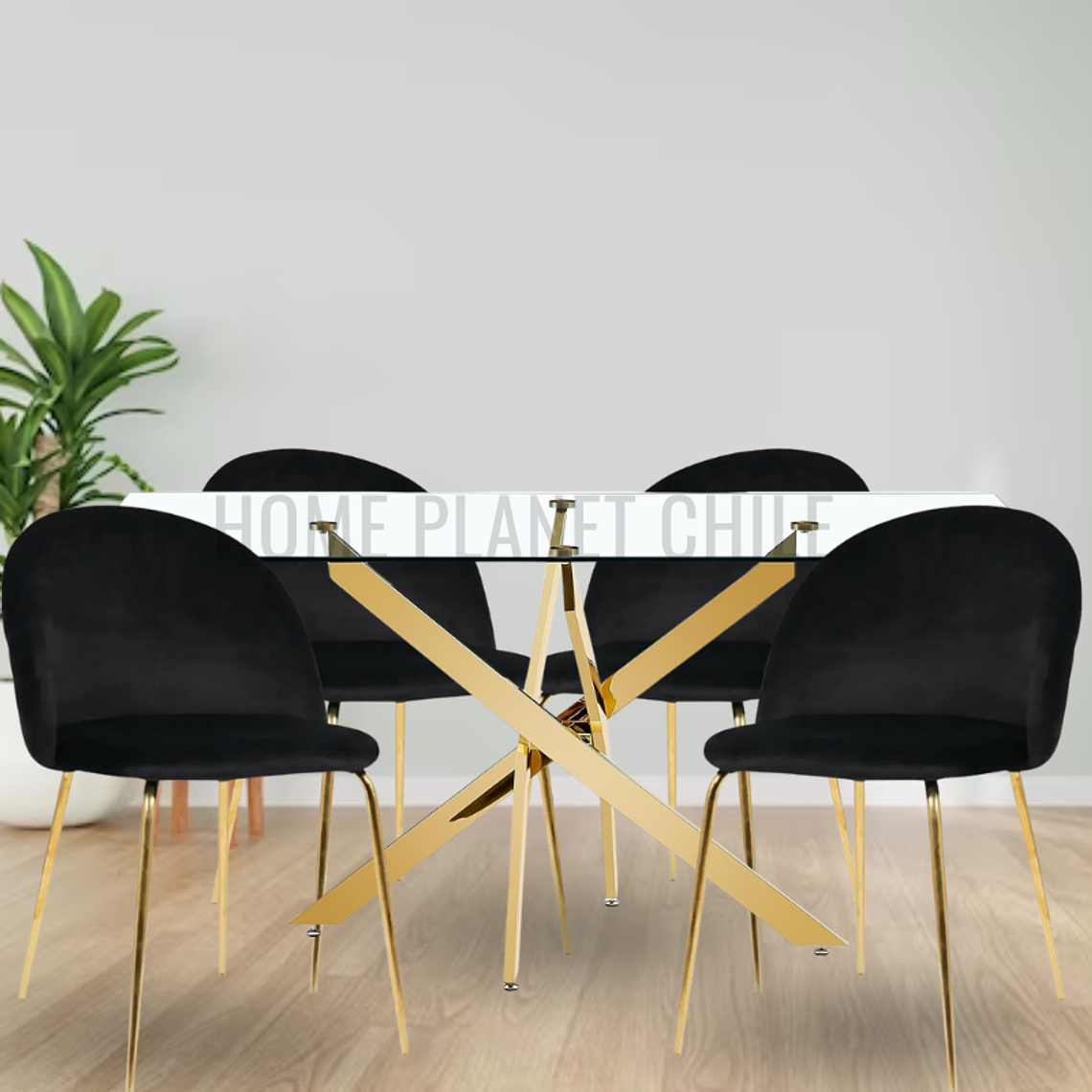 Comedor Emiratos Gold rectangular 120x80 cm con 4 Sillas Breda Gold Velvet 4