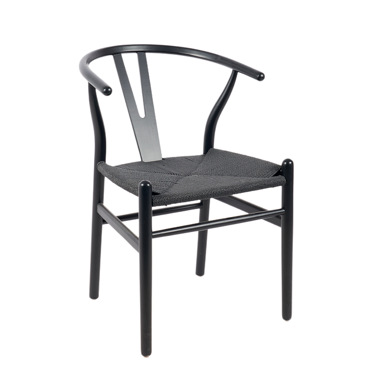 Silla Wishbone madera negra e hilo de cuerda negro 1