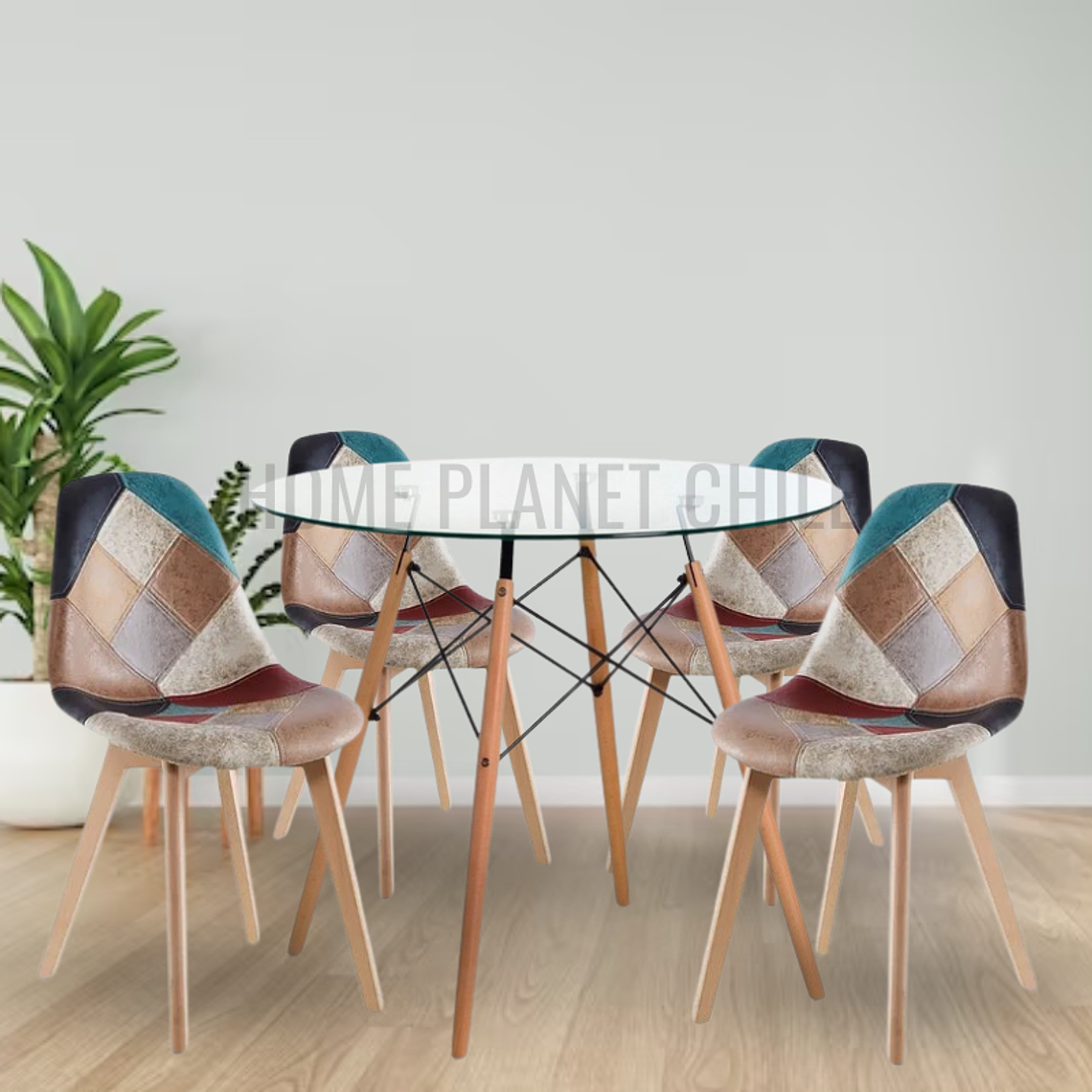 Comedor Seúl redondo vidrio 80 cm con 4 Sillas Patchwork  Botticelli 1