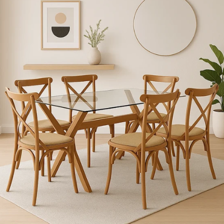 Comedor Bagdad rectangular vidrio 140x90 cm con 6 Sillas Crossback Danubio madera 1