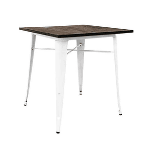 Mesa Tolix blanca cuadrada 70x70 cm madera oscura