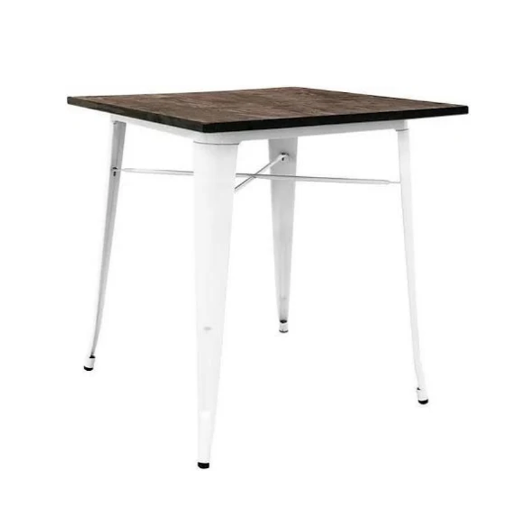 Mesa Tolix blanca cuadrada 70x70 cm madera oscura 1