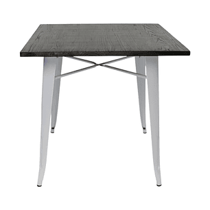 Mesa Tolix blanca cuadrada 70x70 cm madera oscura