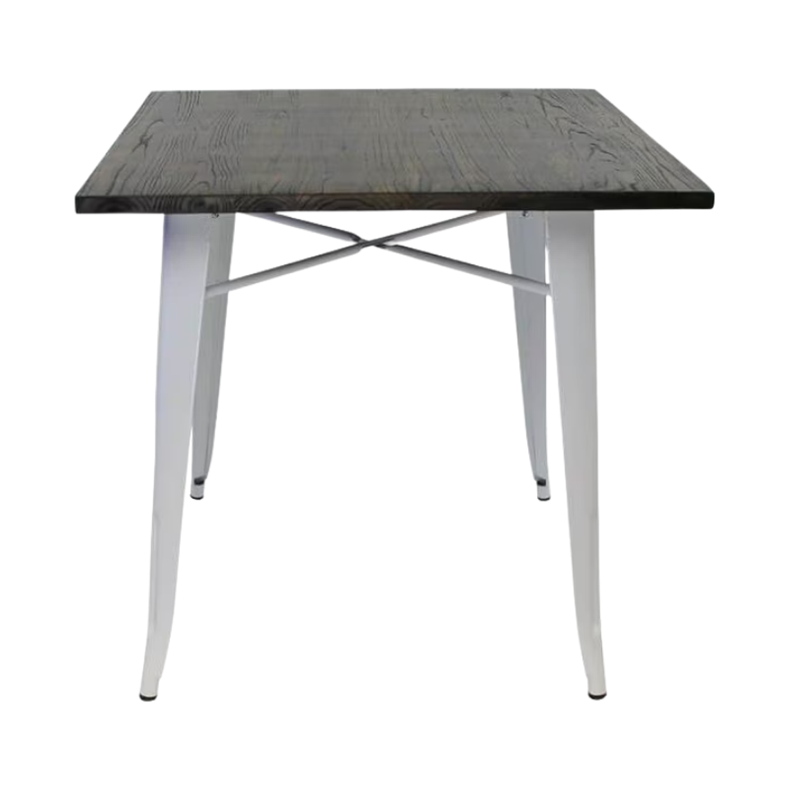 Mesa Tolix blanca cuadrada 80x80 cm madera oscura 2
