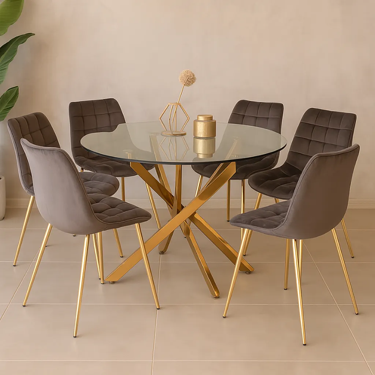 Comedor Kemi Gold redondo vidrio 120 cm con 6 Sillas Capitone Gold 1