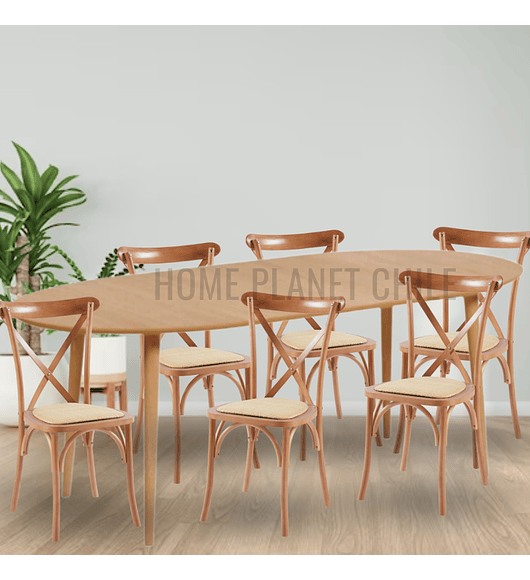 Comedor Expandible de 100 cm a 180 cm con 6 Sillas Crossback Danubio madera rattan natural
