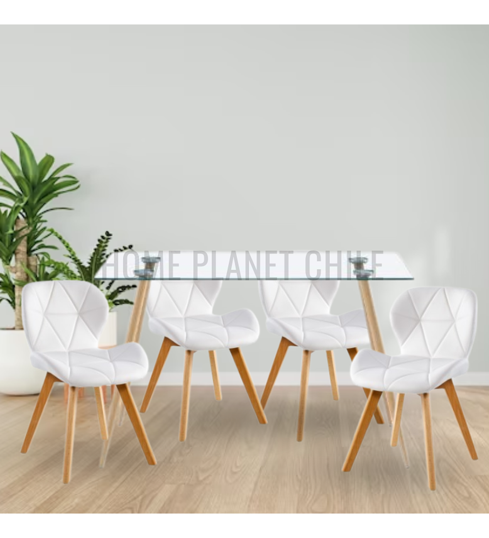 Comedor Lyon rectangular vidrio 120x80cm con 4 Sillas Mariposas Rubik Wood