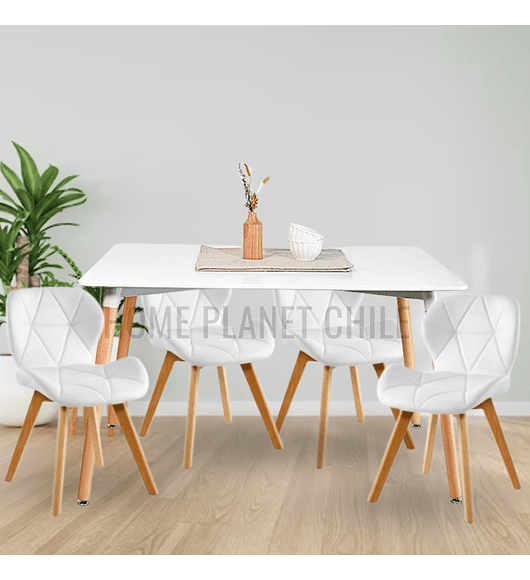 Comedor Colonia rectangular Blanco 130x80 cm con 4 Sillas Mariposas Rubik Wood