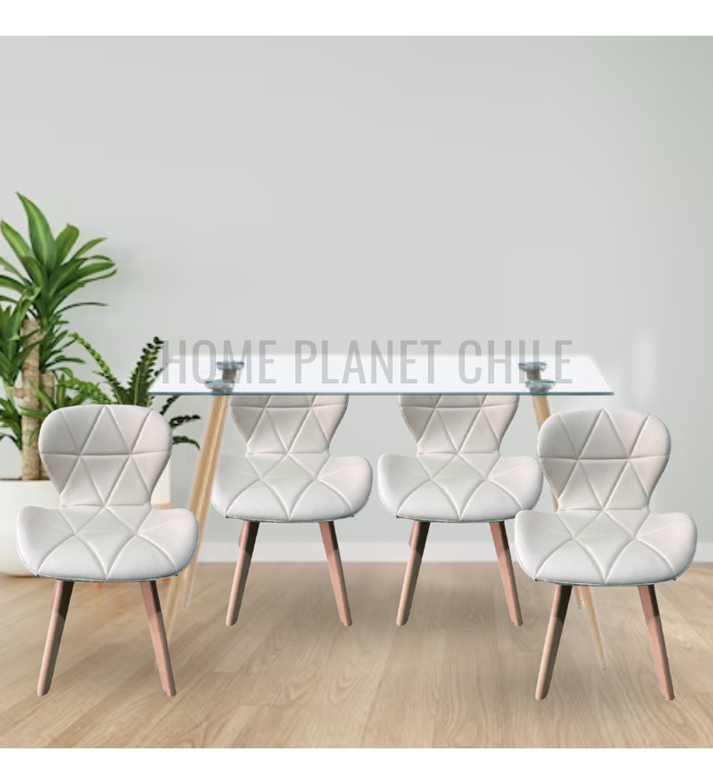 Comedor Lyon rectangular vidrio 130x80cm con 4 Sillas Mariposas Rubik Wood