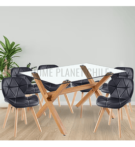Comedor Nantes rectangular vidrio 140x90 cm con 6 Sillas Mariposas Rubik Wood