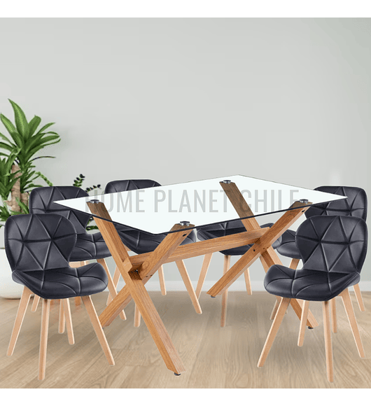 Comedor Nantes rectangular vidrio 140x90 cm con 6 Sillas Mariposas Rubik Wood