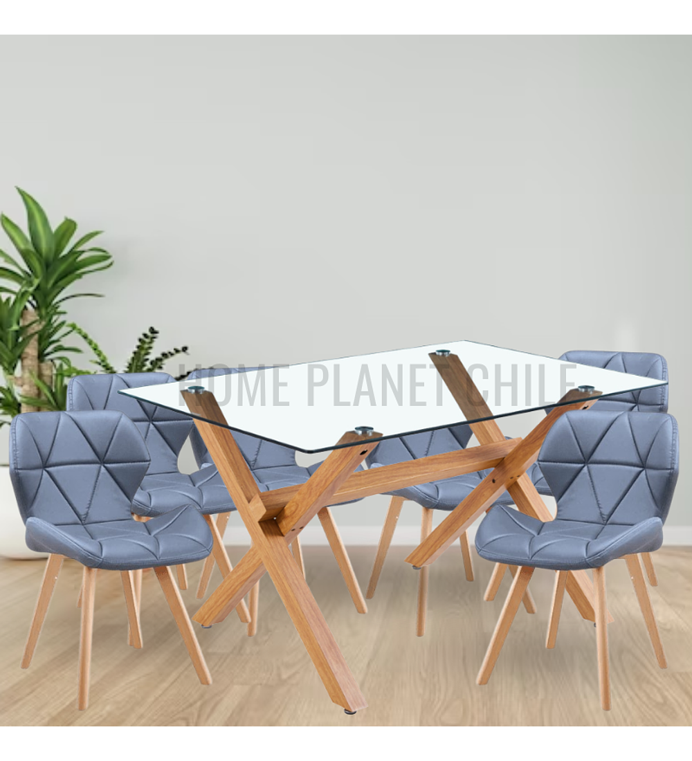 Comedor Nantes rectangular vidrio 140x90 cm con 6 Sillas Mariposas Rubik Wood