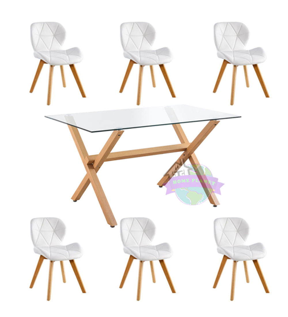 Comedor Nantes rectangular vidrio 130x80 cm con 6 Sillas Mariposas Rubik Wood