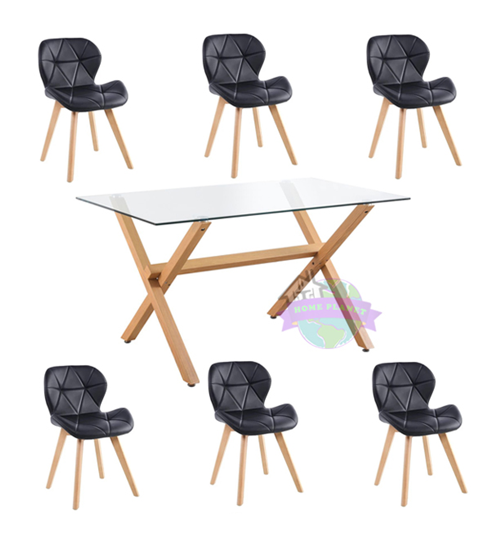 Comedor Nantes rectangular vidrio 130x80 cm con 6 Sillas Mariposas Rubik Wood