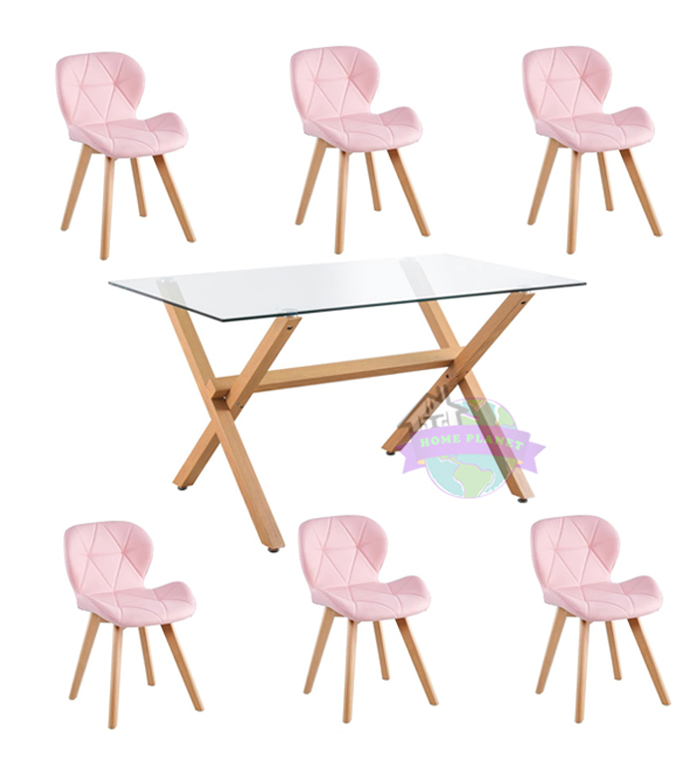 Comedor Nantes rectangular vidrio 130x80 cm con 6 Sillas Mariposas Rubik Wood