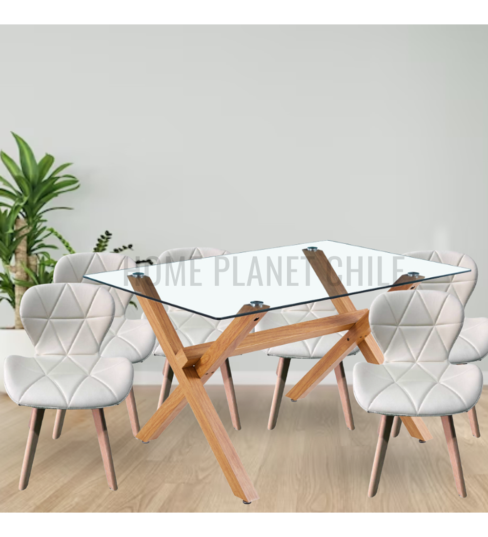 Comedor Nantes rectangular vidrio 130x80 cm con 6 Sillas Mariposas Rubik Wood