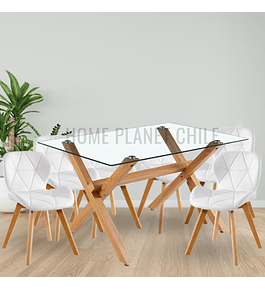 Comedor Nantes rectangular vidrio 130x80 cm con 6 Sillas Mariposas Rubik Wood