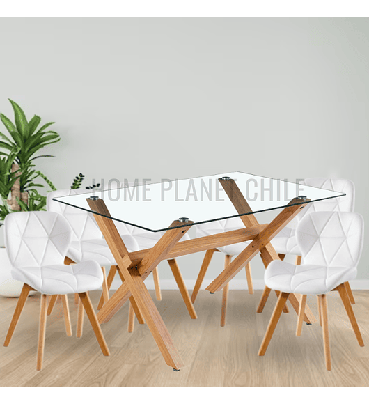Comedor Nantes rectangular vidrio 130x80 cm con 6 Sillas Mariposas Rubik Wood