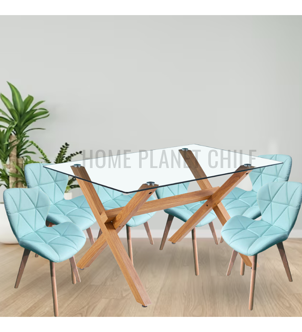 Comedor Nantes rectangular vidrio 130x80 cm con 6 Sillas Mariposas Rubik Wood