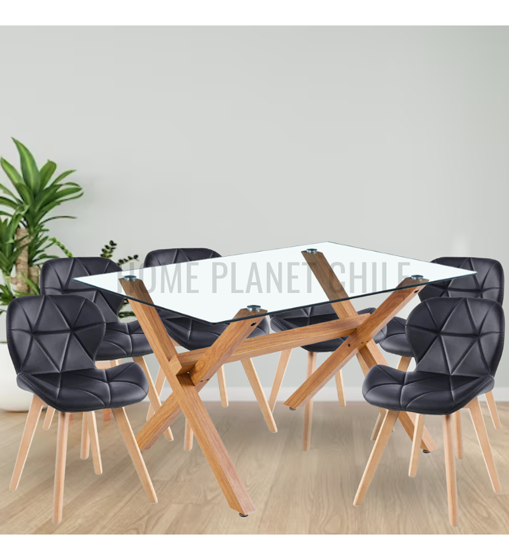 Comedor Nantes rectangular vidrio 120x80 cm con 6 Sillas Mariposas Rubik Wood