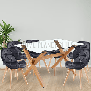 Comedor Nantes rectangular vidrio 120x80 cm con 6 Sillas Mariposas Rubik Wood