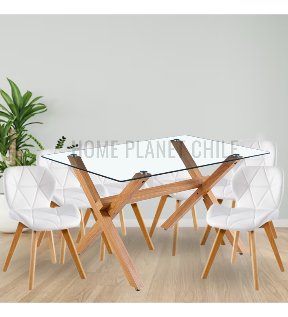 Comedor Nantes rectangular vidrio 120x80 cm con 6 Sillas Mariposas Rubik Wood