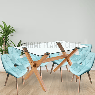 Comedor Nantes rectangular vidrio 120x80 cm con 6 Sillas Mariposas Rubik Wood