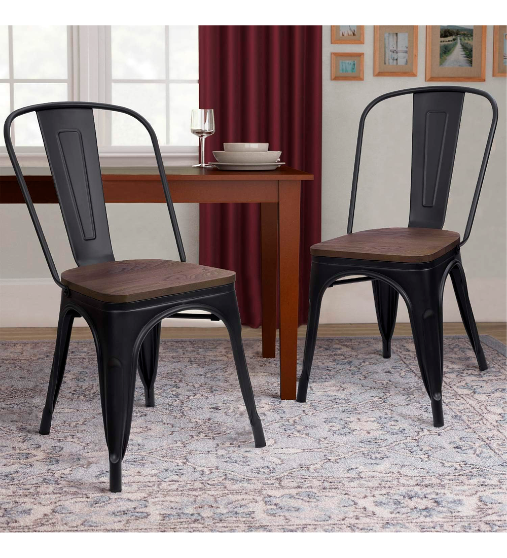 Pack 4 Sillas Tolix Negra con asiento madera oscura